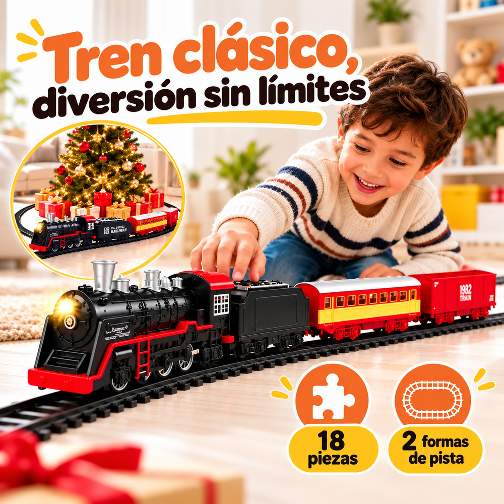 Tren Eléctrico Clásico para Niños – Set de 18 Piezas con Luz y Sonido
