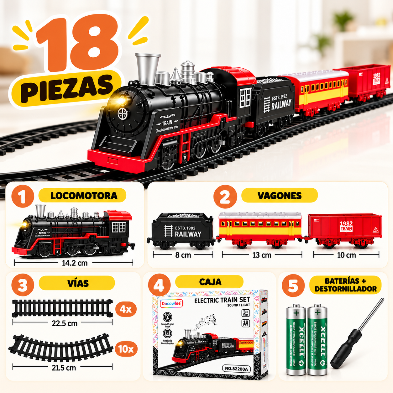 Tren Eléctrico Clásico para Niños – Set de 18 Piezas con Luz y Sonido