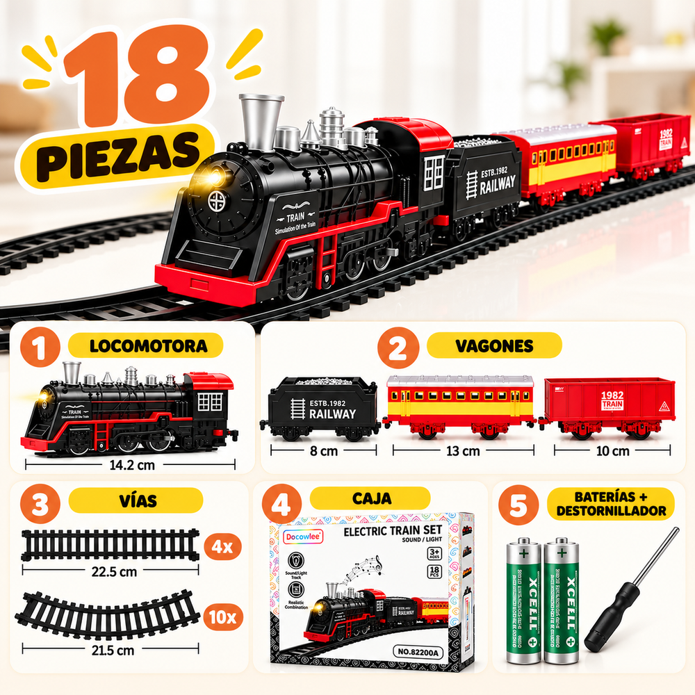 Tren Eléctrico Clásico para Niños – Set de 18 Piezas con Luz y Sonido