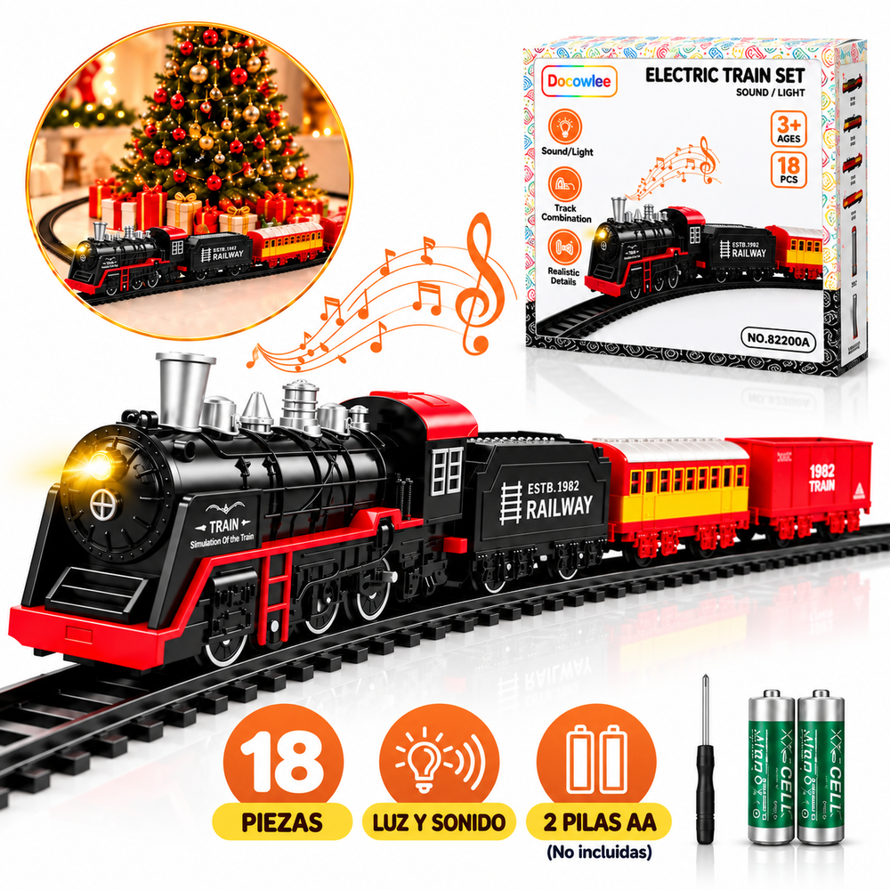 Tren Eléctrico Clásico para Niños – Set de 18 Piezas con Luz y Sonido